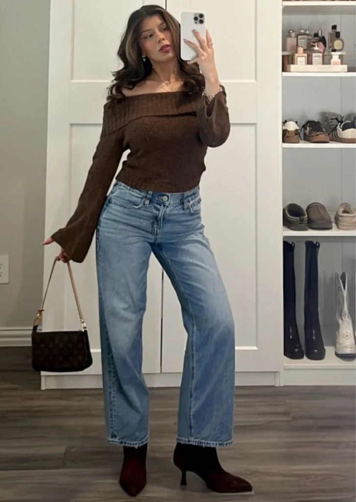 Brown Off-Shoulder Sweater With Relaxed Jeans