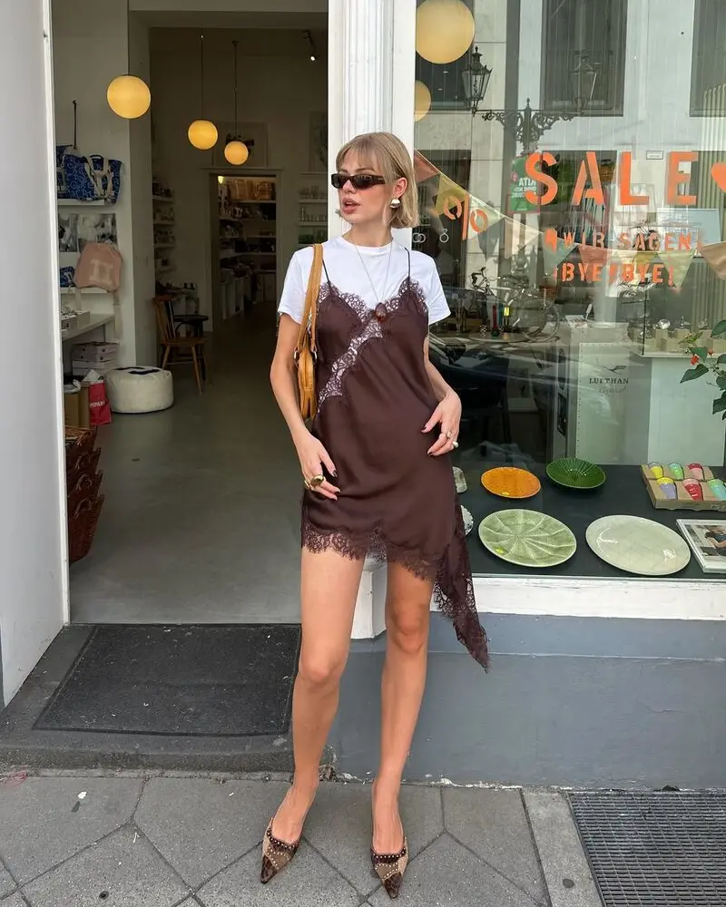 Brown Slip Dress Over a White Tee With Pointed Heels