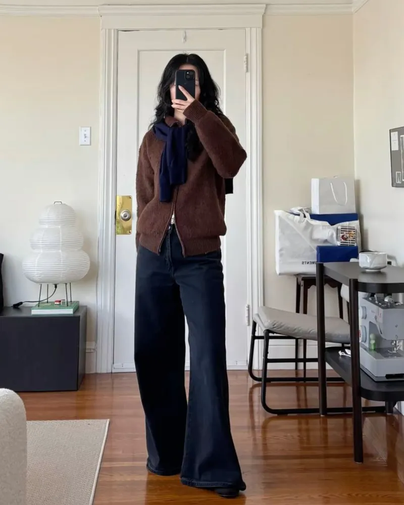 Brown Zip Cardigan With Dark Denim