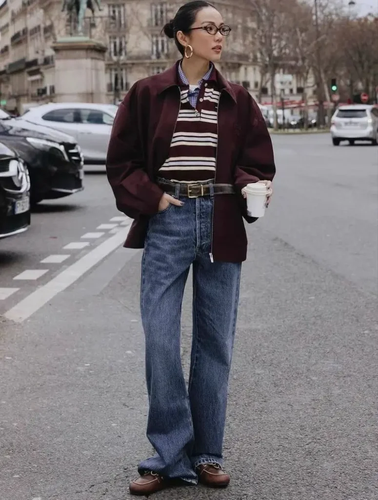 Burgundy Barn Jacket With Stripes and Wide-Leg Jeans