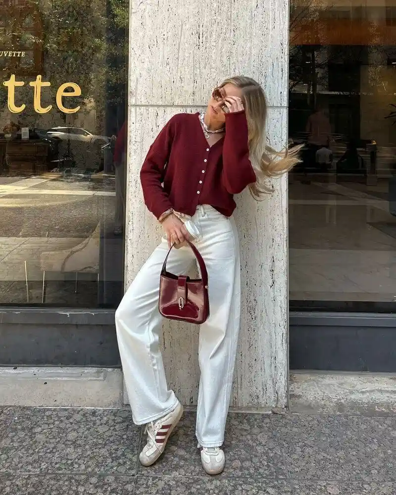 Burgundy Cardigan With White Wide-Leg Jeans