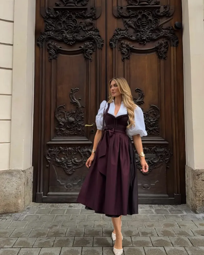Burgundy Dirndl and White Blouse