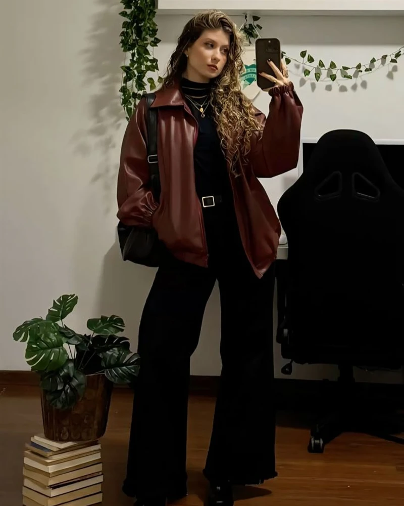Burgundy Hoodie Under a Leather Jacket