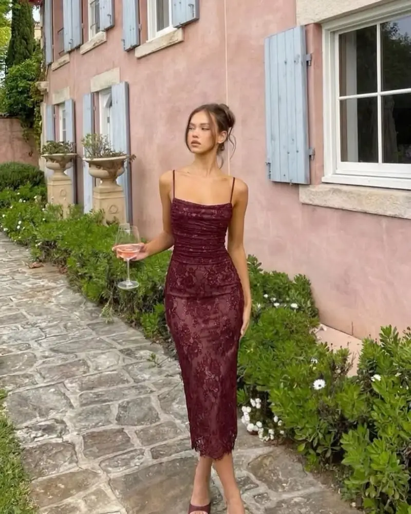 Burgundy Lace Midi for Candlelit Dinner Plans