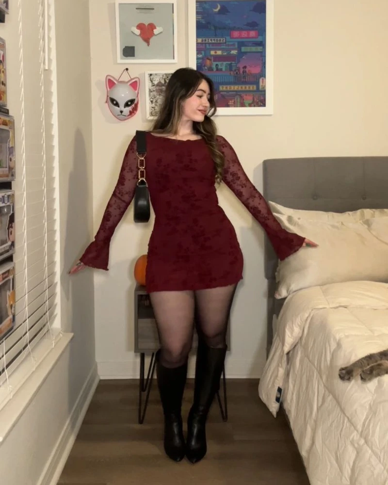 Burgundy Lace Mini Dress With Tall Boots