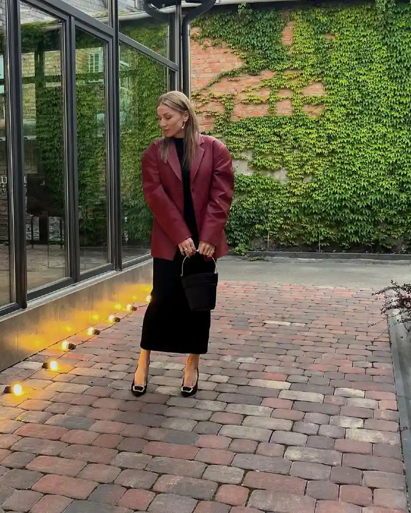Burgundy Leather Blazer With a Black Midi Skirt