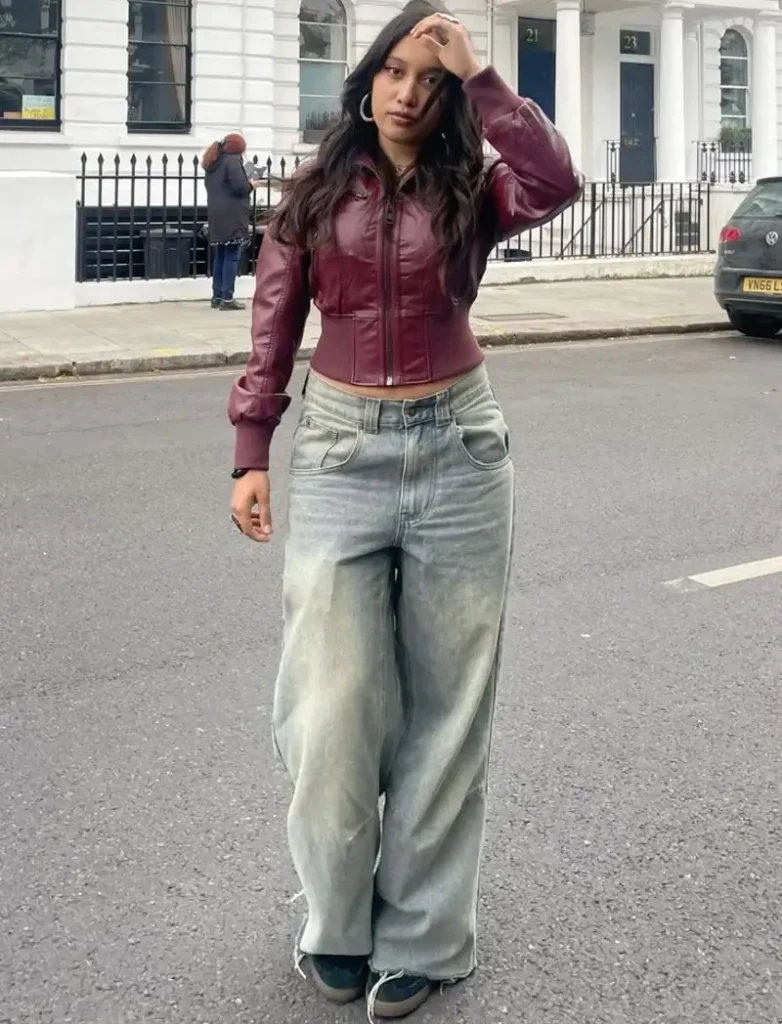 Burgundy Leather Jacket With Baggy Jeans