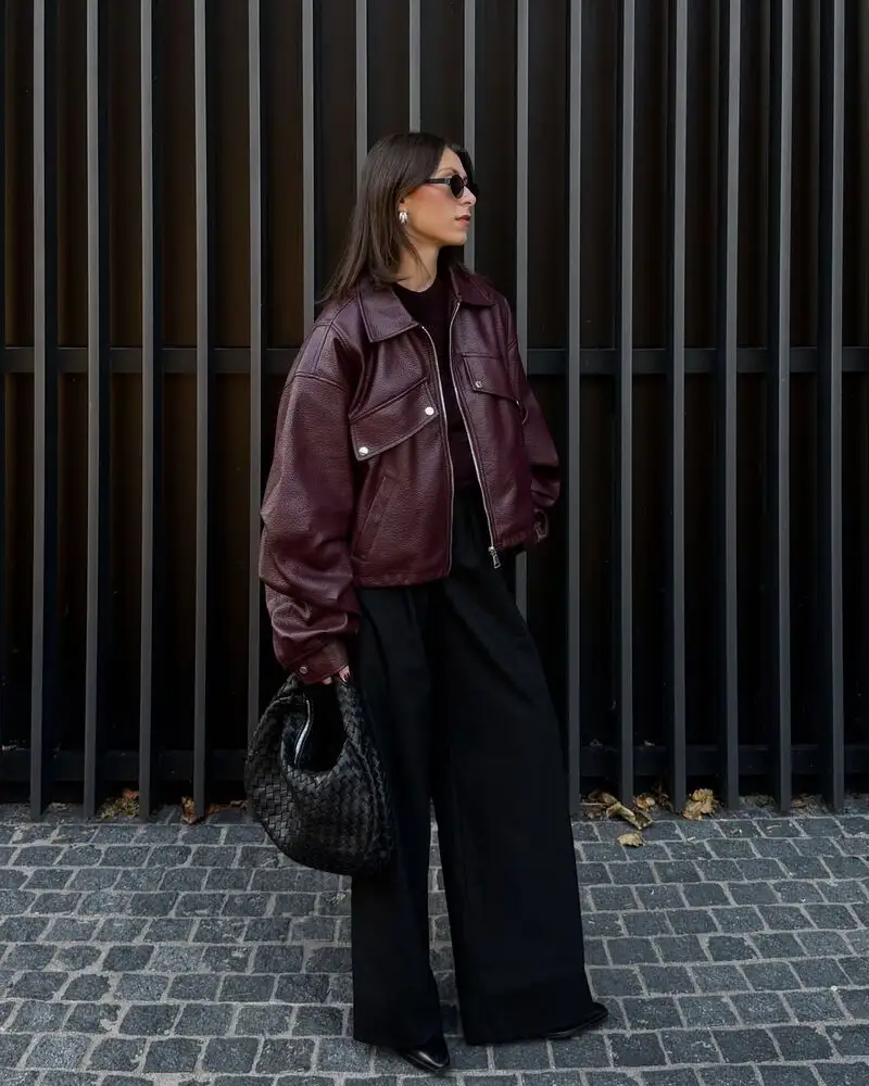 Burgundy Leather Jacket With Wide Black Trousers