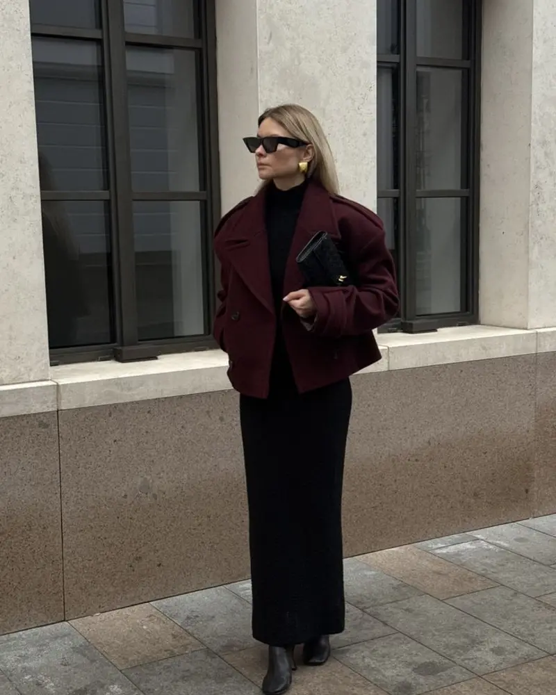  Burgundy Peacoat With a Black Column Skirt