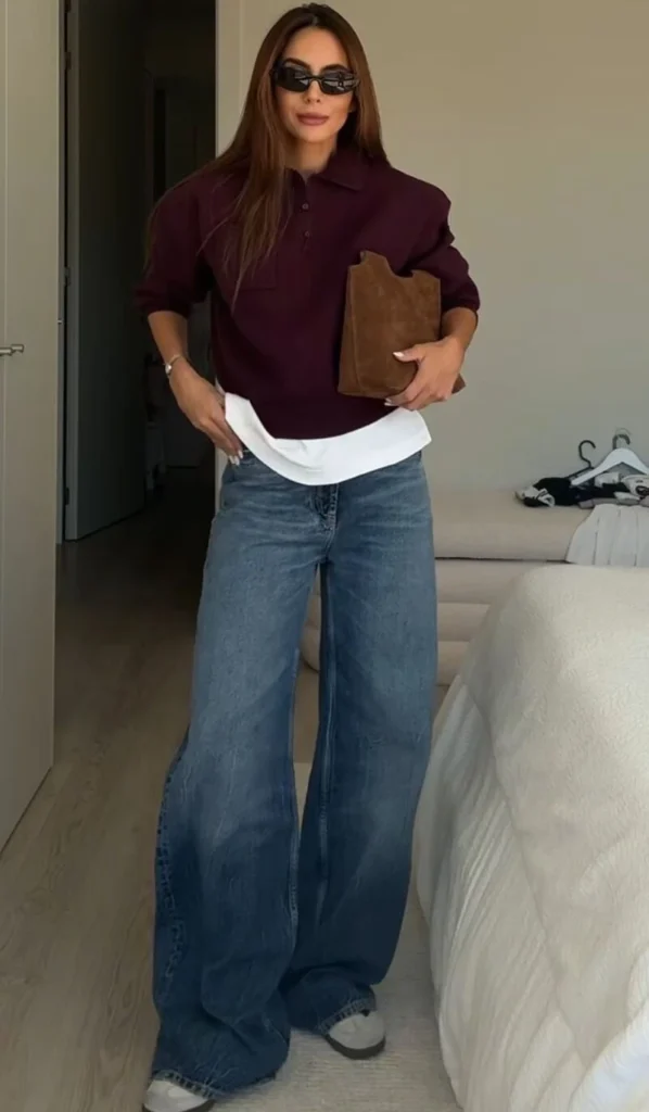 Burgundy Polo Sweater With Wide-Leg Jeans