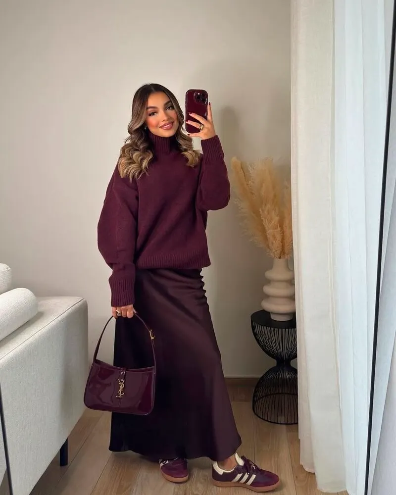 Burgundy Sweater and Satin Maxi Skirt