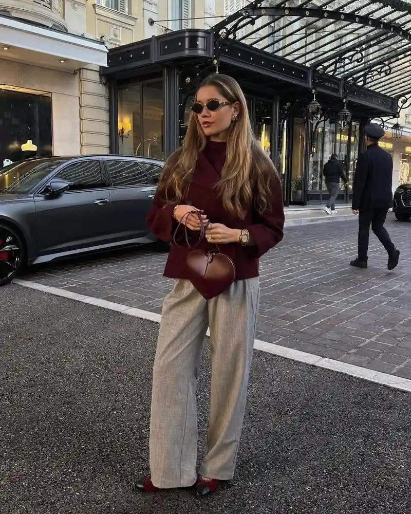 Burgundy Turtleneck and Jacket With Gray Wide-Leg Trousers