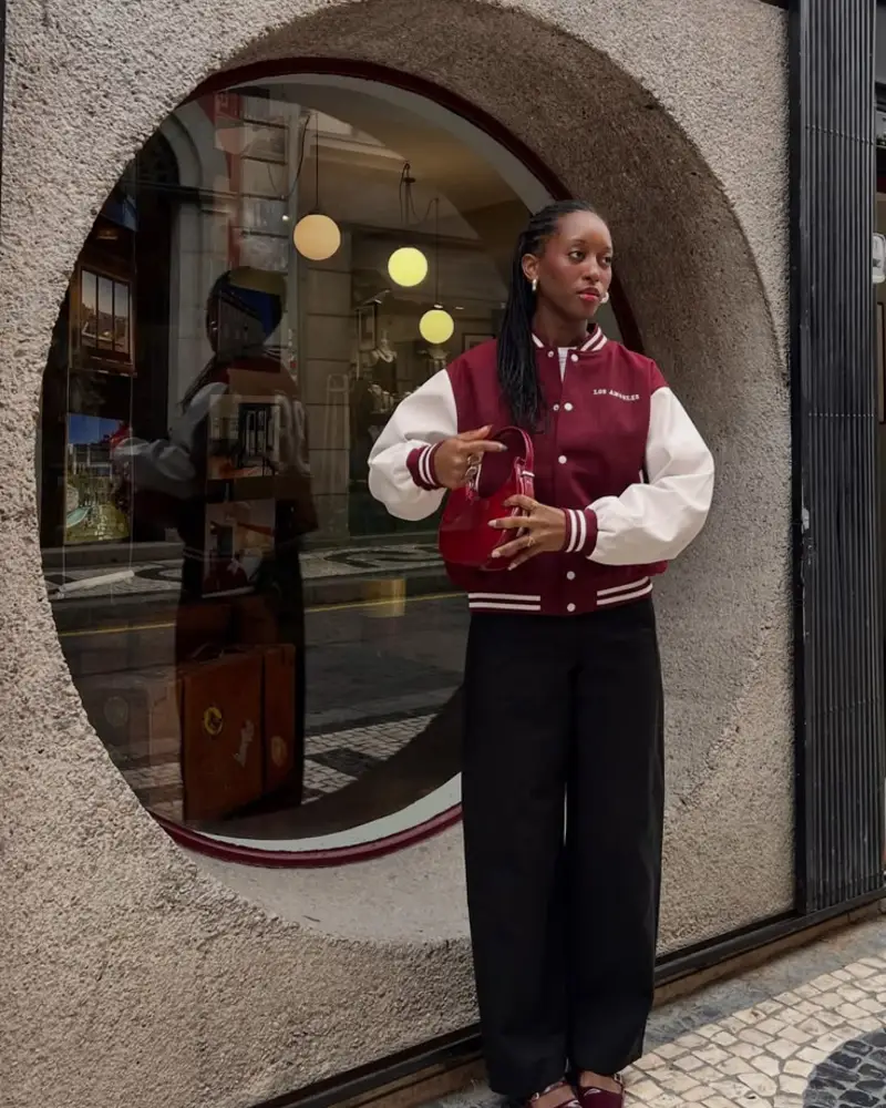 Burgundy Varsity Jacket With Black Jeans