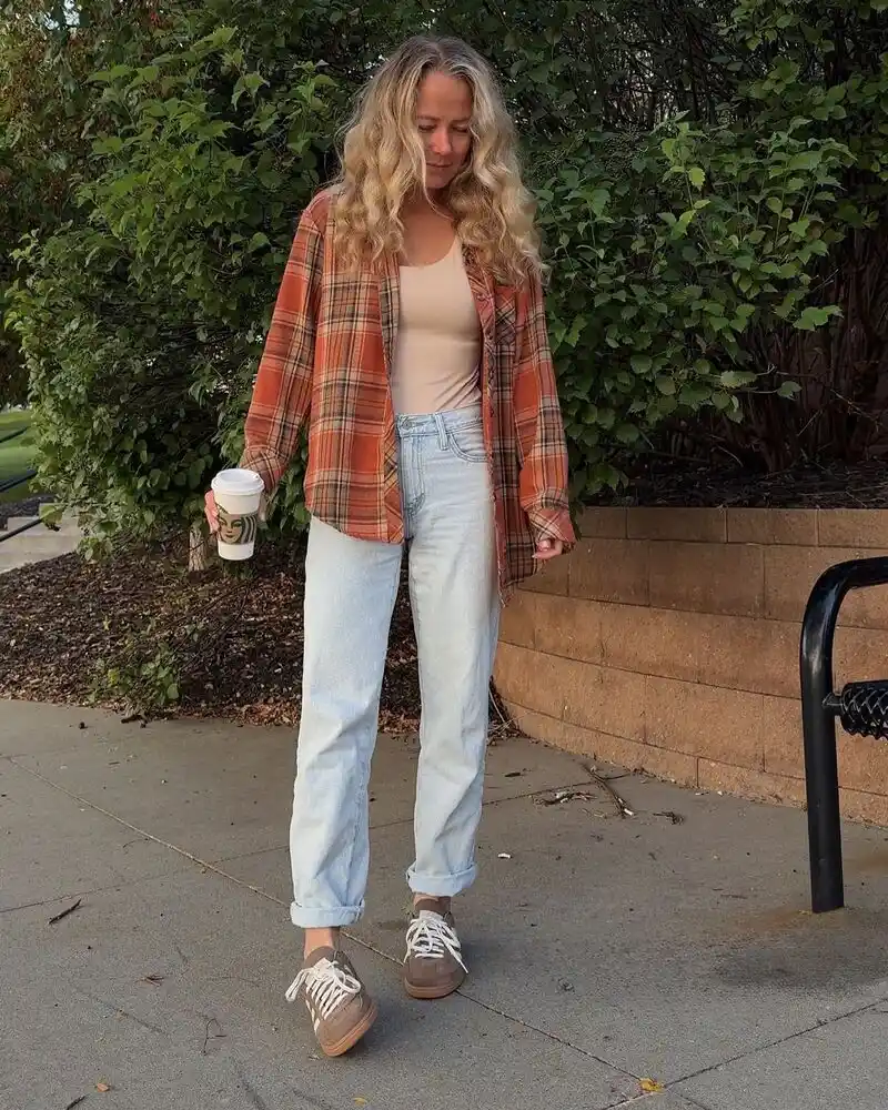 Burnt Orange Flannel With Light-Wash Jeans