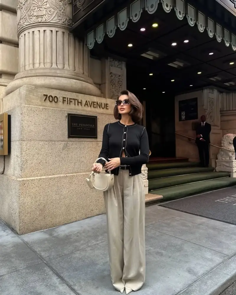 Buttoned Cardigan With Fluid Cream Trousers