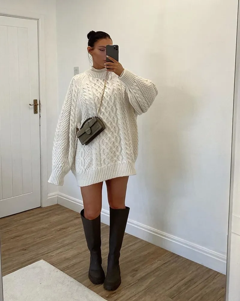 Cable-Knit Sweater Dress With Tall Boots