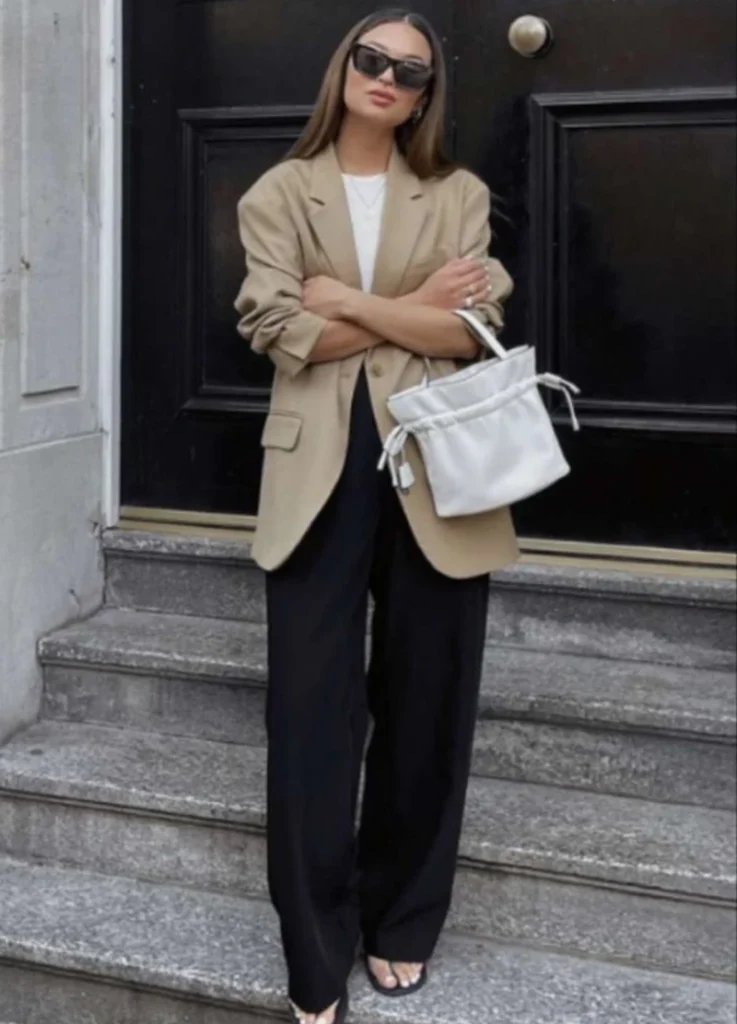 Camel Blazer With Black Trousers