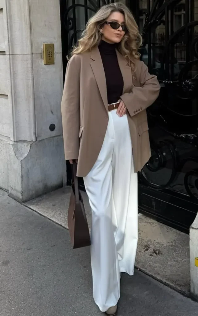 Camel Blazer With Cream Wide-Leg Trousers