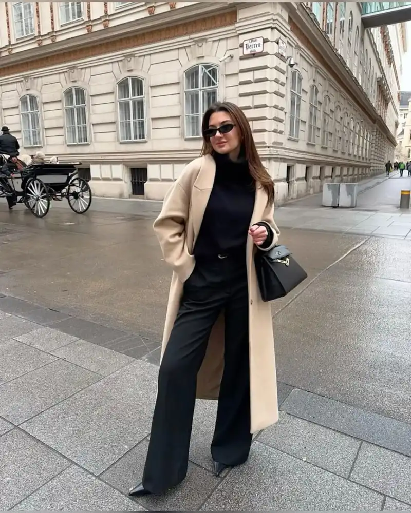 Camel Coat Over an All Black Base