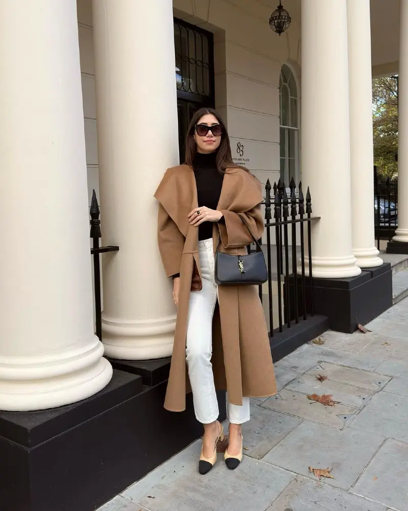  Camel Coat With a Black Turtleneck and White Jeans