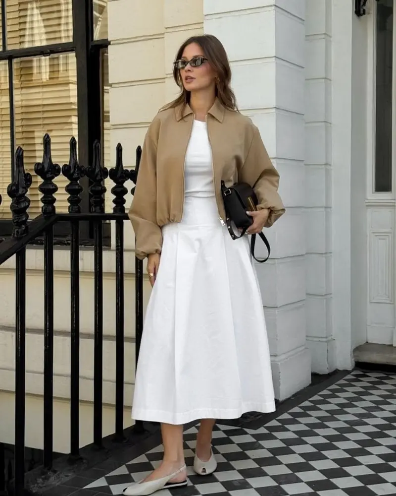 Camel Jacket With a White Midi Skirt
