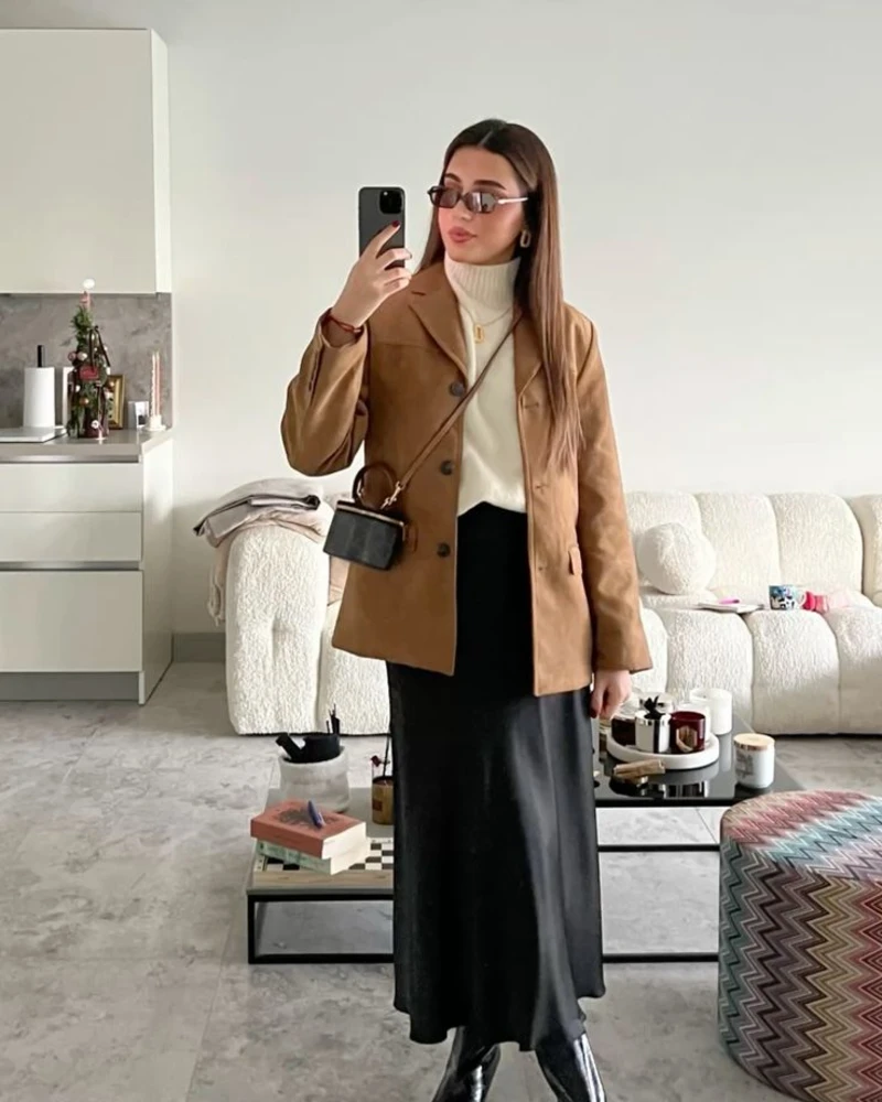 Camel Suede Blazer With a Black Satin Skirt