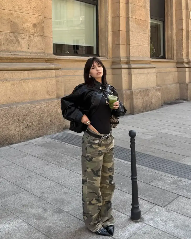 Camo Cargo Pants With a Black Top and Leather Jacket