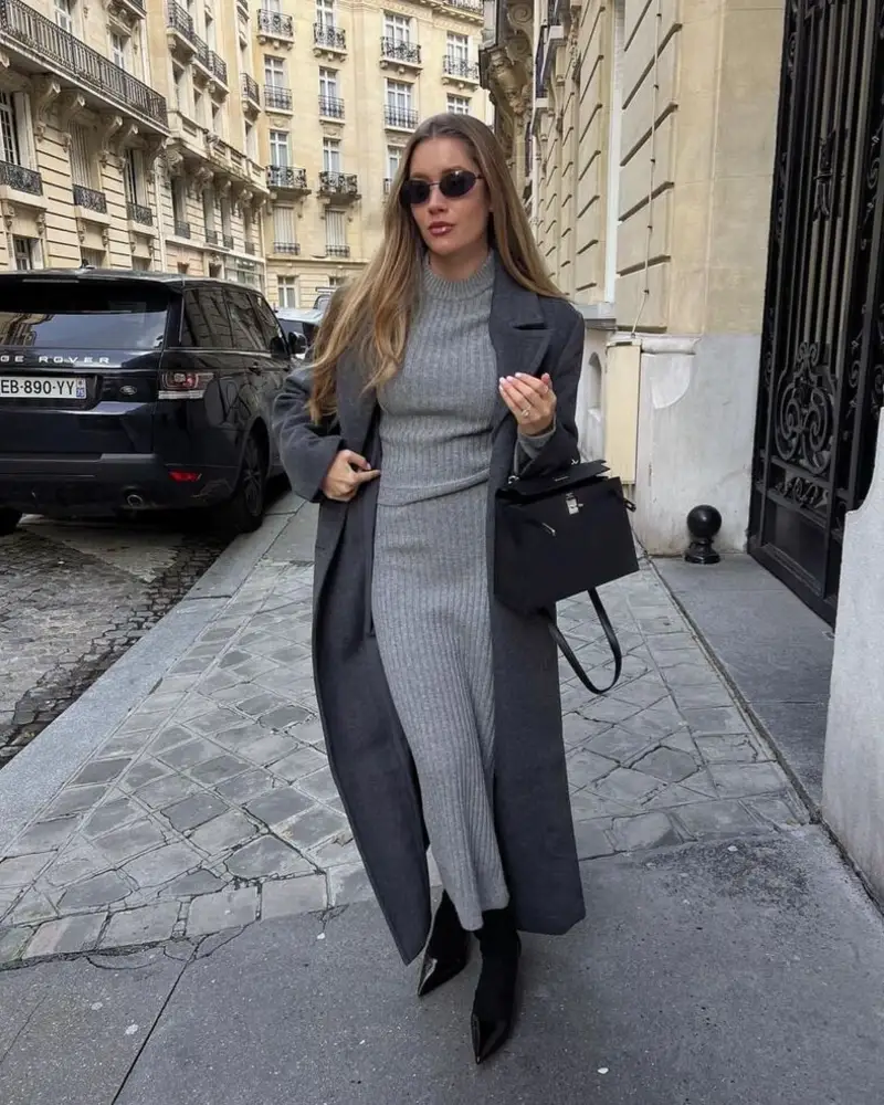 Charcoal Coat With a Grey Knit Dress