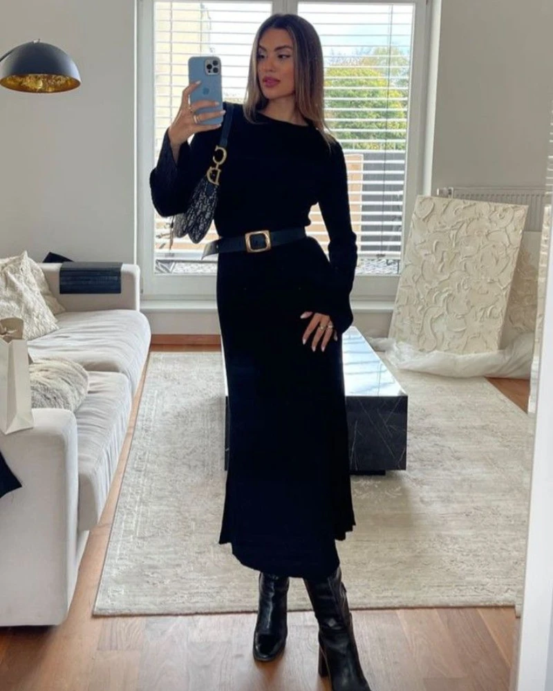 Charcoal Knit Midi Dress
