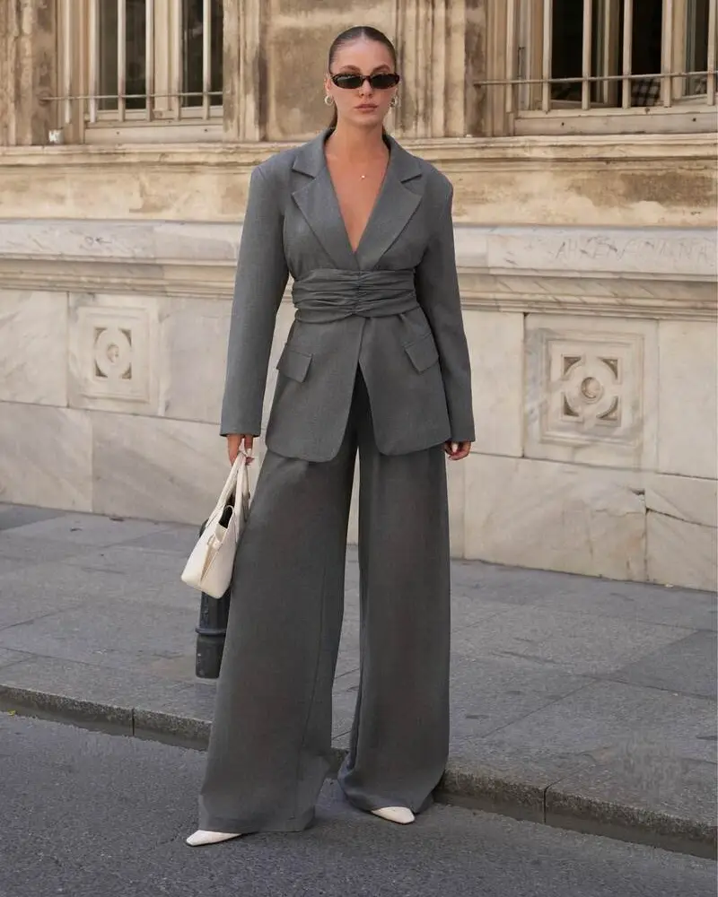 Charcoal Suit With Draped Wide-Leg Trousers