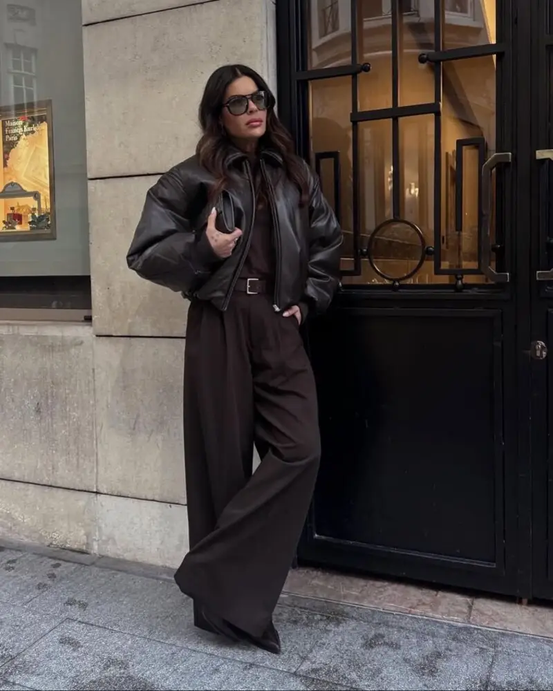 Chocolate Bomber With Wide-Leg Trousers