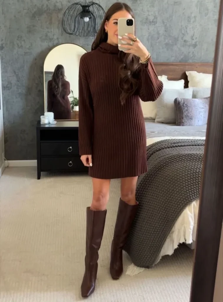 Chocolate Brown Ribbed Dress and Tall Boots