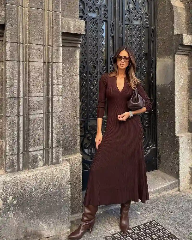 Chocolate-Burgundy Ribbed Midi Dress With Tall Boots