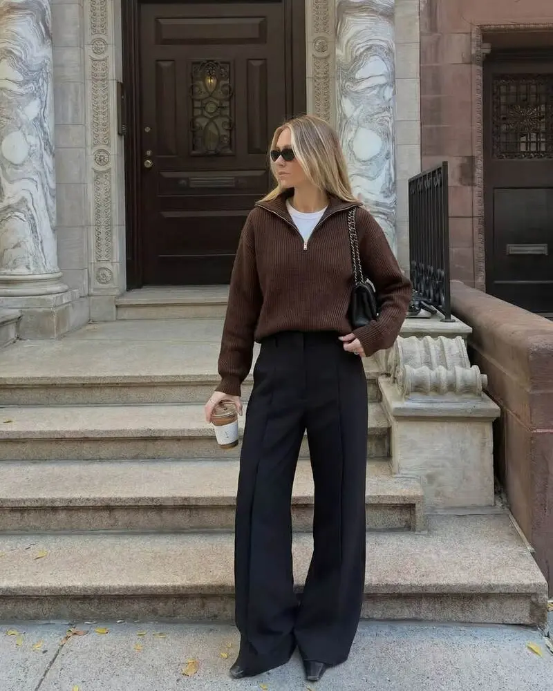 Chocolate Half-Zip Sweater With Black Trousers