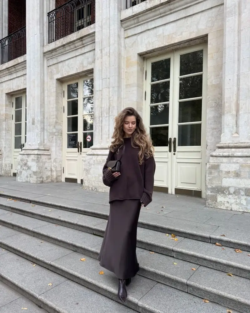  Chocolate Knit With a Satin Maxi Skirt