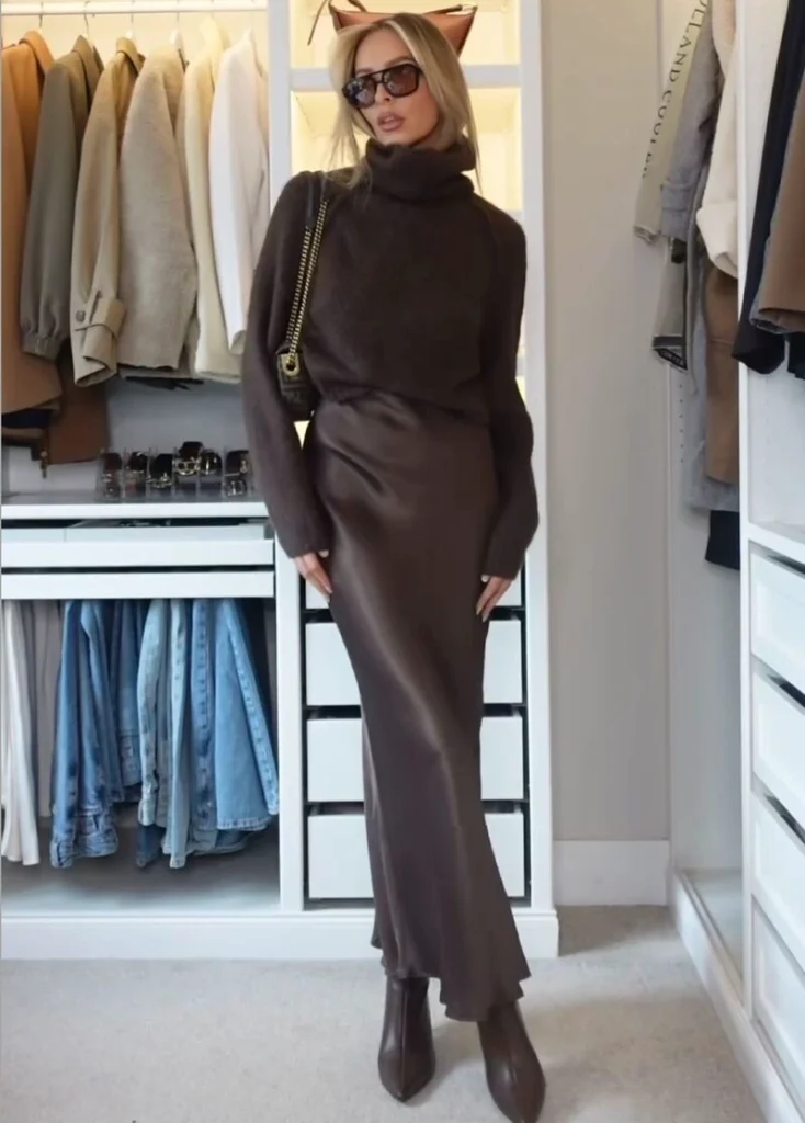 Chocolate Turtleneck With a Satin Midi Skirt