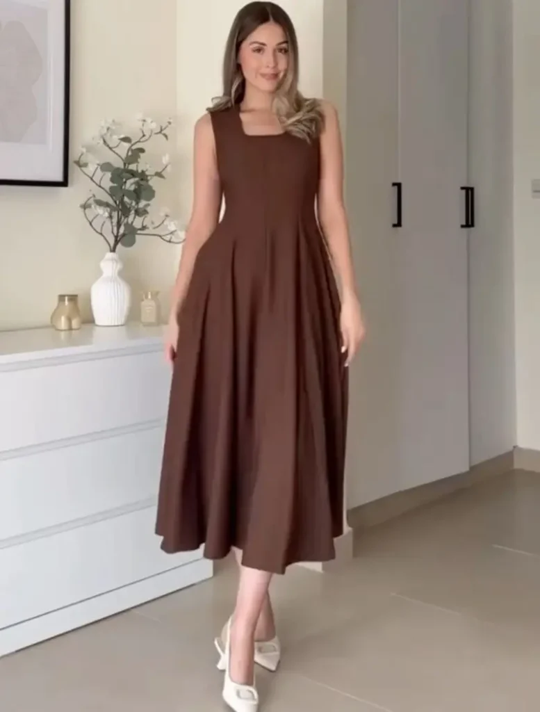 Cocoa-Brown Sleeveless Midi Dress