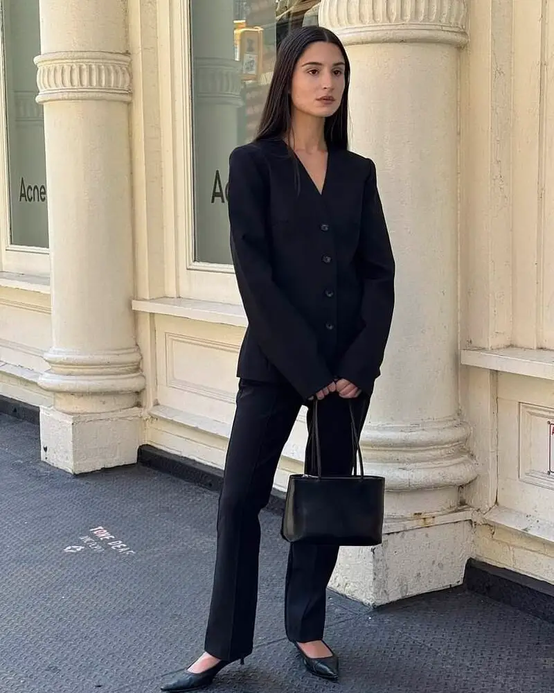 Collarless Black Jacket With Slim Trousers