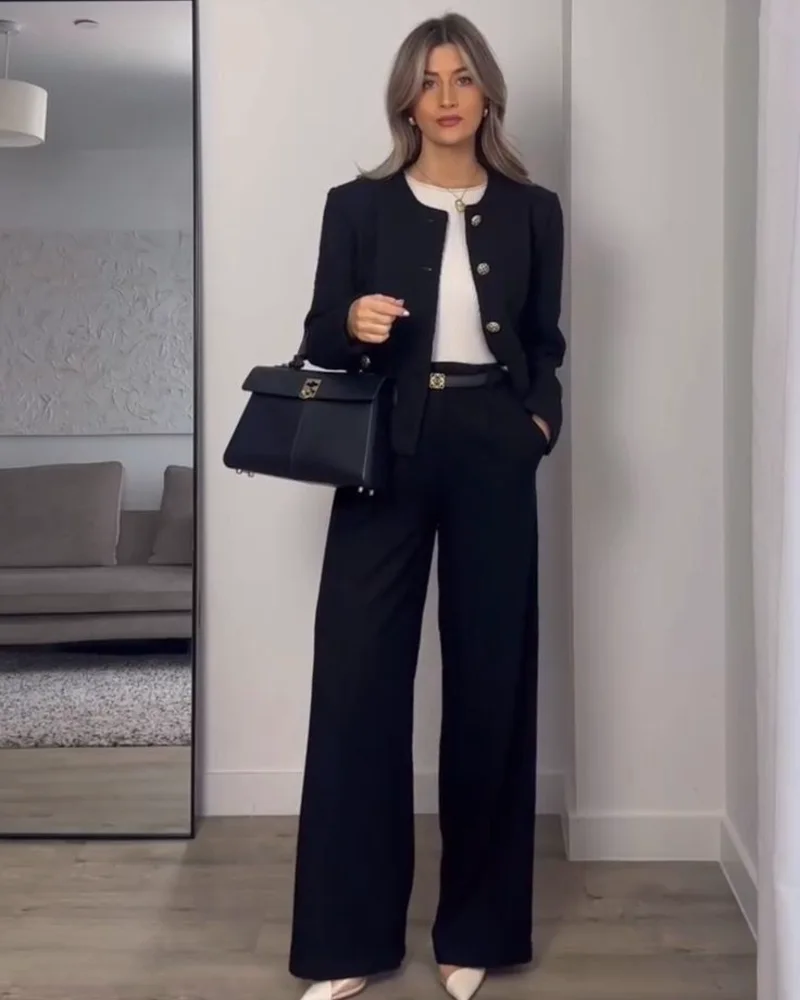 Collarless Blazer + Wide-Leg Trousers