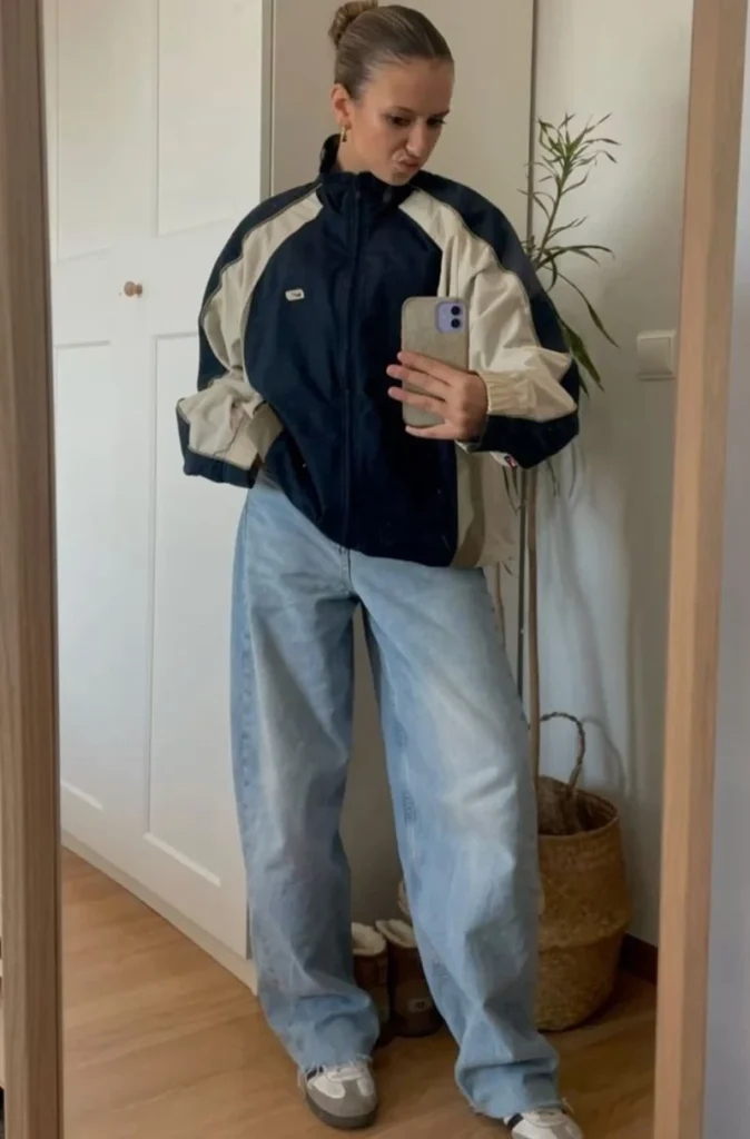  Color Block Windbreaker With Loose Jeans and Retro Sneakers