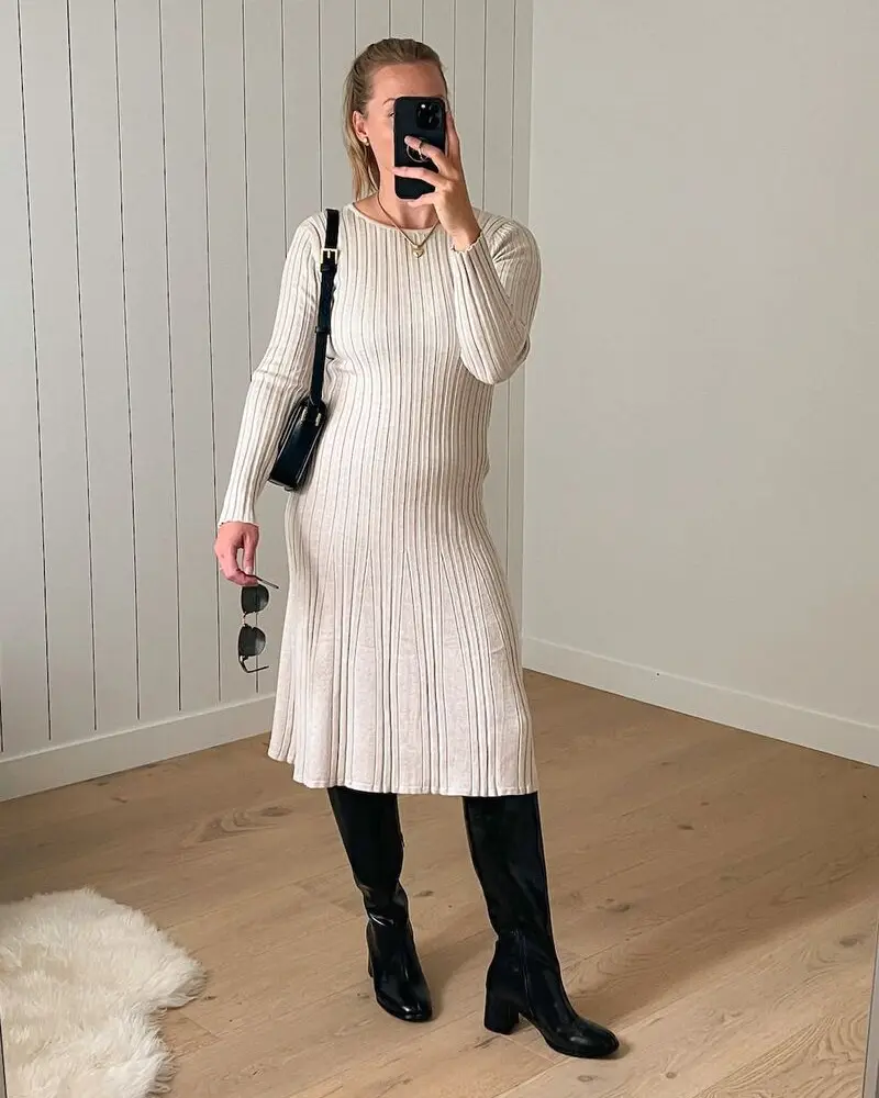 Cream Knit Dress With Tall Black Boots