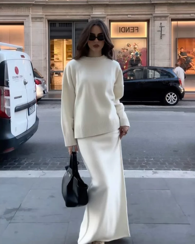 Cream Knit Sweater With a Satin Maxi Skirt