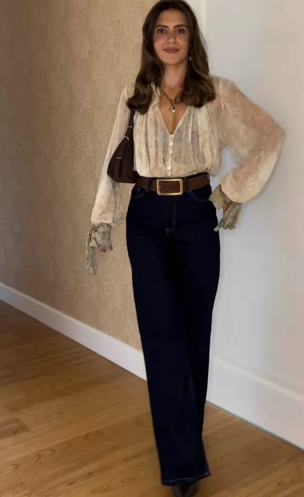 Cream Ruffled Blouse With Dark Jeans