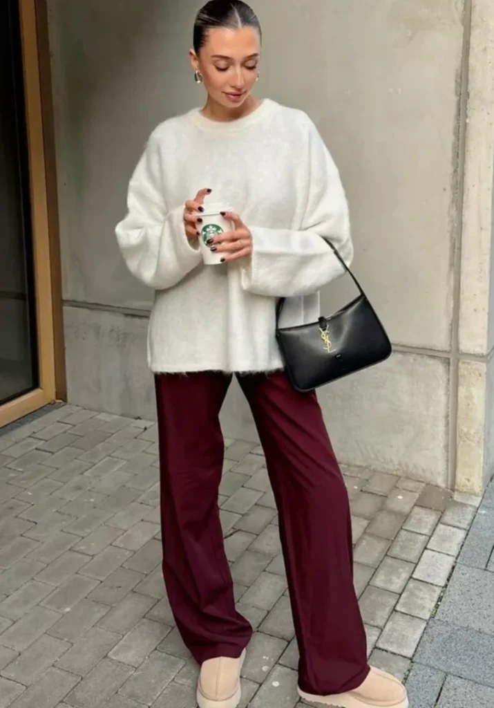  Cream Sweater With Burgundy Wide-Leg Trousers