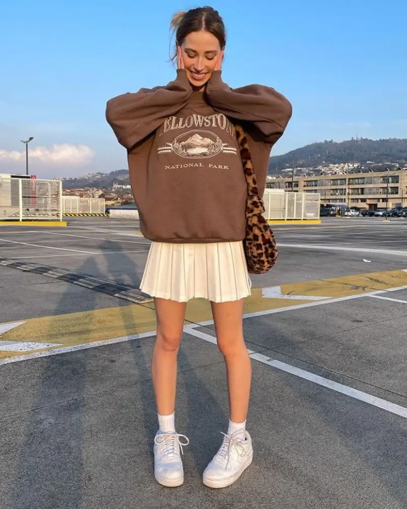 Crewneck Sweatshirt + Pleated Skirt + Chunky Sneakers