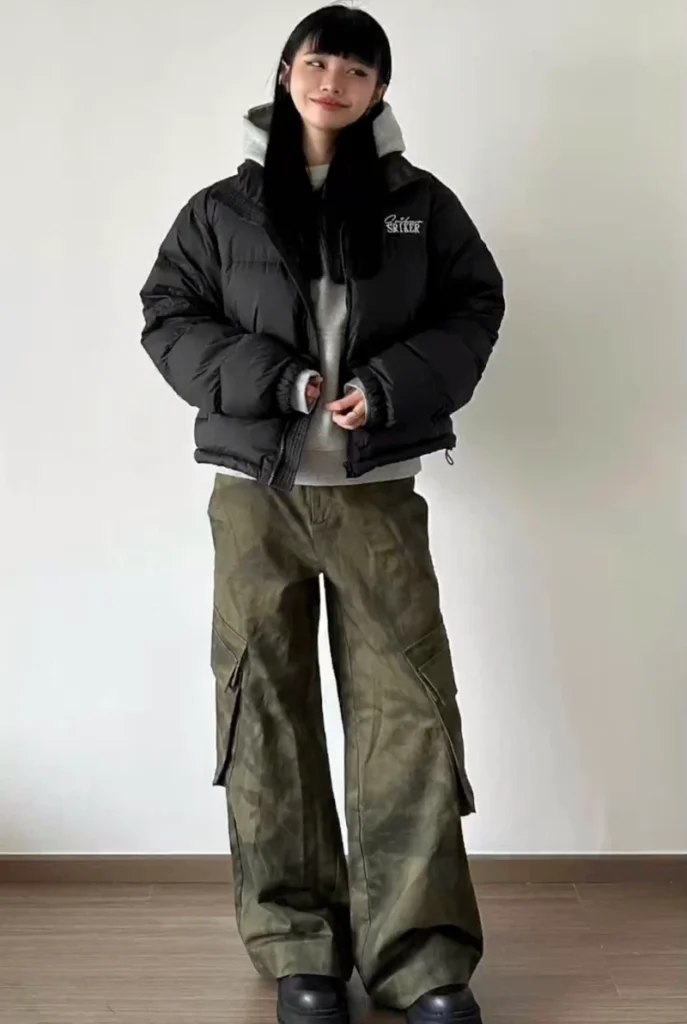 Cropped Black Puffer With Olive Cargo Pants