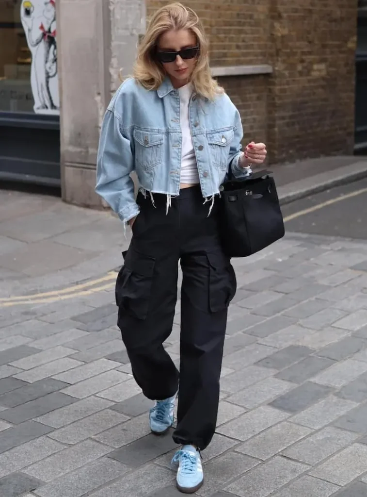 Cropped Denim Jacket With Cargo Pants