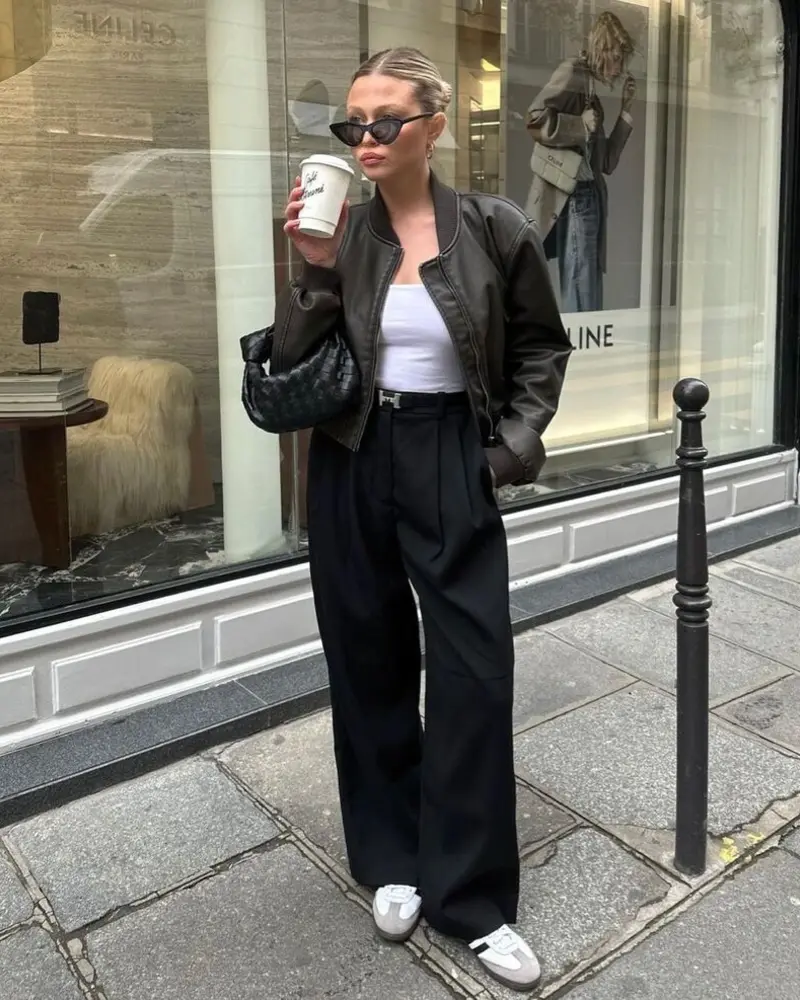 Cropped Leather Bomber With Black Wide Leg Trousers