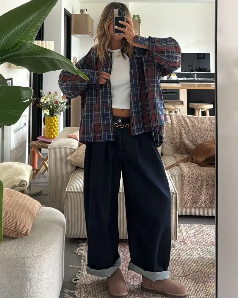 Cropped Tee + Flannel Shirt + Relaxed Denim
