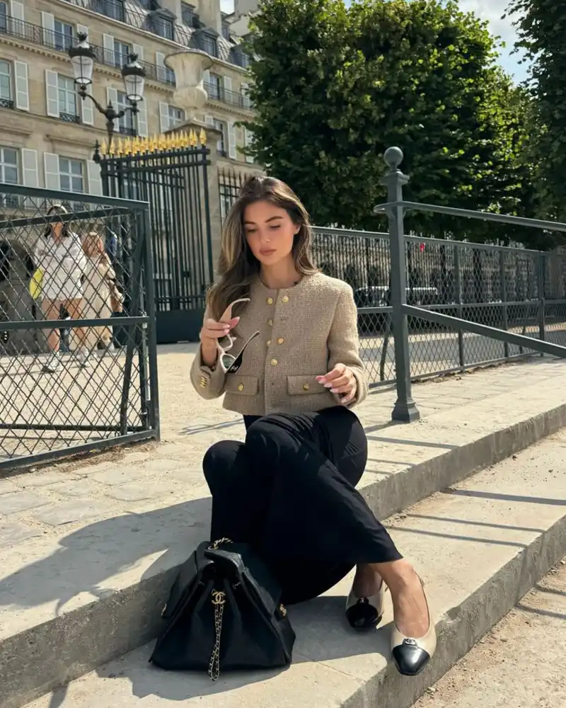 Cropped Tweed Jacket With a Black Midi Skirt